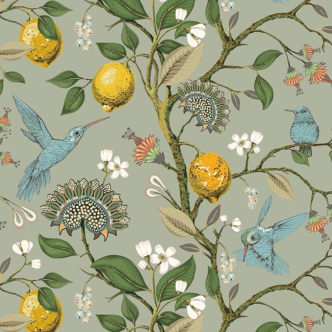 Livelynine 17.5x591 Vintage Peel and Stick Wallpaper Birds Flowers Kitchen Wallpaper Sage Green Floral Gold Lemons Trees Boho Blue Bird Self Adhesive Contact Paper Decorative Cabinet Vinyl Wrap Walls - Image 7