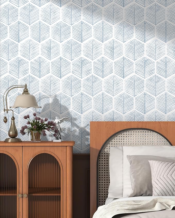 OSECAGE Geometric Peel and Stick Wallpaper Blue Contact Paper 17.3''×78.8'' | Modern Geometric Wallpaper Self Adhesive Removable Boho Wall Paper Waterproof for Bedroom Bathroom Cabinets Decor Vinyl Roll - Image 4