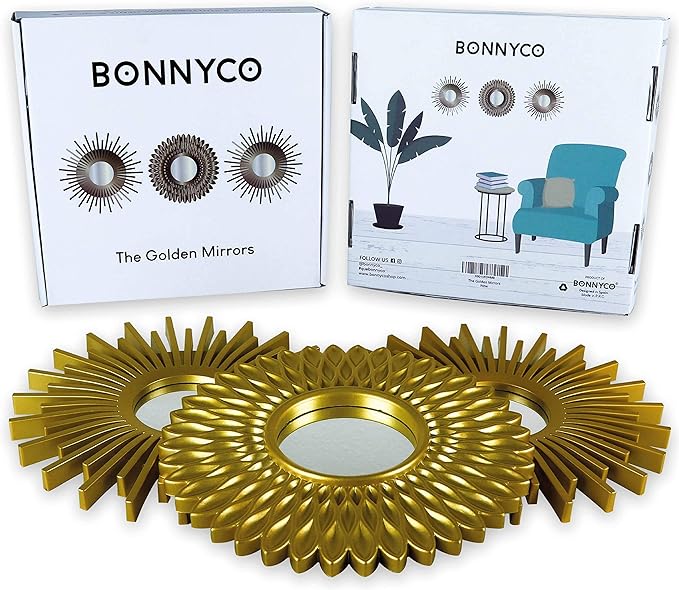 BONNYCO Gold Mirrors for Wall Pack of 3, Round Wall Mirrors Bedroom Room and Home Decor. Espejos Decorativos de Pared Sala Dormitorio, Modern Minimalist Decor Vintage, Chic. Gifts for Women, Mums - Image 2