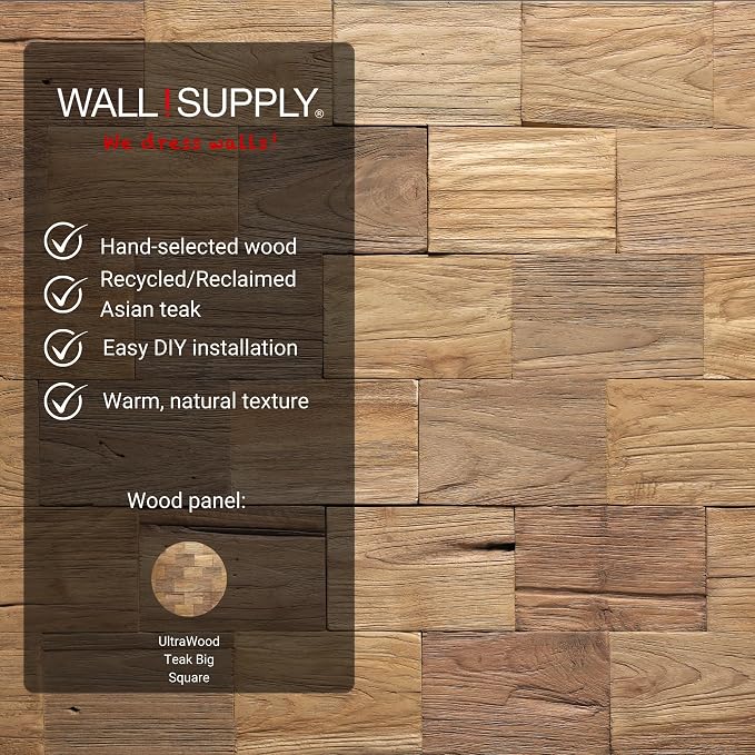 Wall!Supply 3D Wall Panels – Reclaimed Squared Asian Teak Wood – Home Decor Wallpaper Alternative for Living Room, Bedroom & Office – Easy DIY Installation – 10 Pack, Covers 9.68 Sq Ft | Real Reclaimed Asian Teak, Wallpaper Alternative, Easy DIY Instal... - Image 3