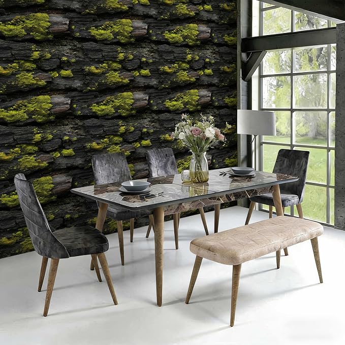 Brick Wallpaper Mossy Wood Peel and Stick Wallpaper | Black and Green Realistic Textured Bark Pattern Wallpaper Rustic Nature for Home Decor , Self-Adhesive, Waterproof Vinyl - Image 3