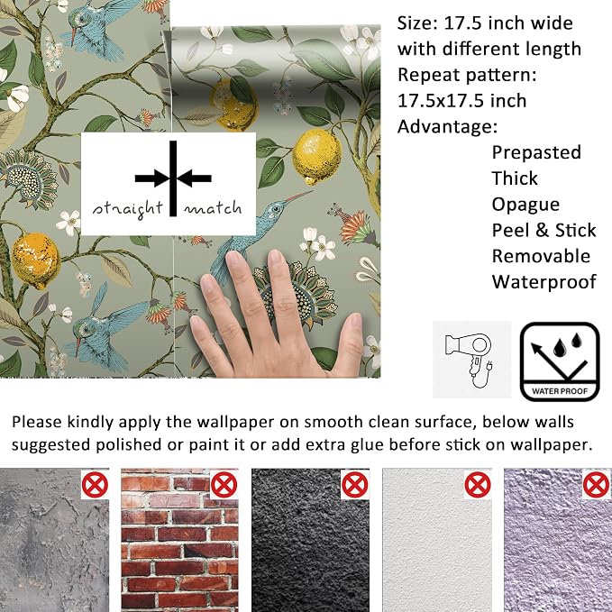 Livelynine Green Floral Bird Wallpaper Peel and Stick Vintage Retro Renter Friendly Wallpaper Kitchen Cabinet Contact Paper Waterproof Gold Lemon Tree Blue Birds Self Adhesive Wall Murals 17.5x78.8" - Image 7