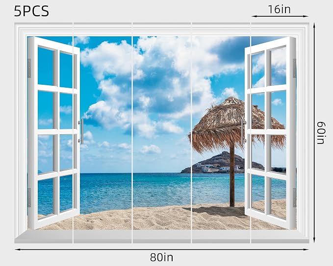 FLFK Fake Window Wall Mural - Ocean Beach Faux Window Wall Decal for Wall Decor, Peel and Stick Wall Sticker,80"x60",Set of 5 Sheets - Image 2