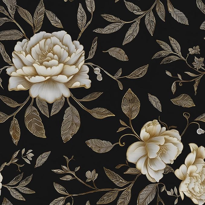 Laatse Dark Golden White Peony Floral Wallpaper Peel and Stick 17.5"x118" | Self Adhesive/Removable/Waterproof/Thick Vinyl Contact Paper for Bathroom Bedroom Shelf Cabinet Drawer,Prepasted,Easy Peel by Laatse
