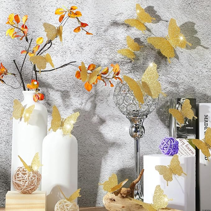 BBTO 48 Pcs 3D Butterfly Mirror Wall Decor,Glitter Gold | Butterfly Stickers,3 Sizes,for Birthday Party Cake,Room Nursery Bathroom Wall Decor,Removable Peel Stick,Reflective - Image 6