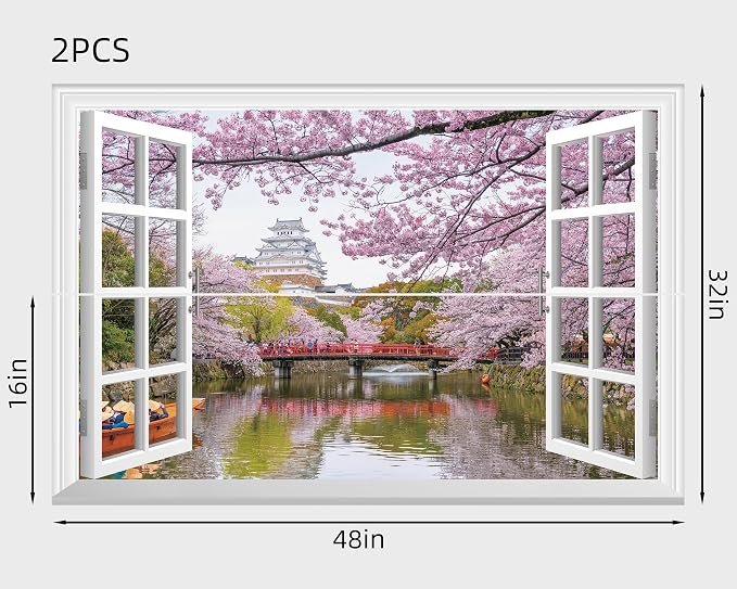 FLFK Fake Window Wall Mural - Cherry Blossom Faux Window Wall Sticker for Wall Decor, Peel and Stick Wall Decals,48"x32",Set of 2 Sheets - Image 2