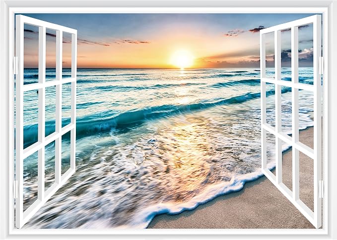 FLFK Fake Window Wall Sticker - Sunset Beach Faux Window Wall Mural for Wall Decor, Stick and Peel Wall Decals,80"x60",Set of 5 Sheets by FLFK
