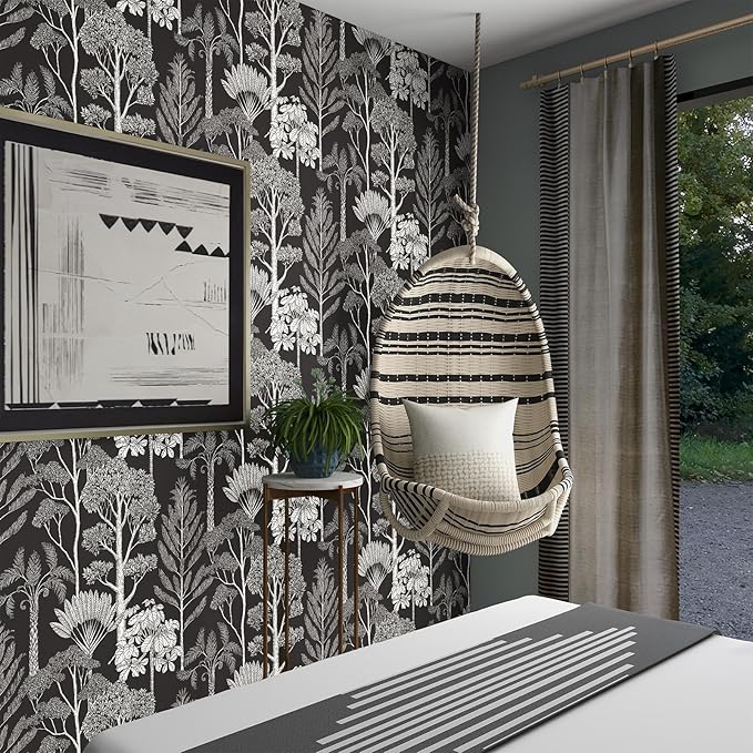 Forest Peel and Stick Wallpaper Boho Tree Black 17.3inW 787.4inL | Vintage Vinyl Self Adhesive Wallpaper, Removable,Easy Match, Moody Dark Bedroom Bathroom Living Room Wall Decor Waterproof - Image 6