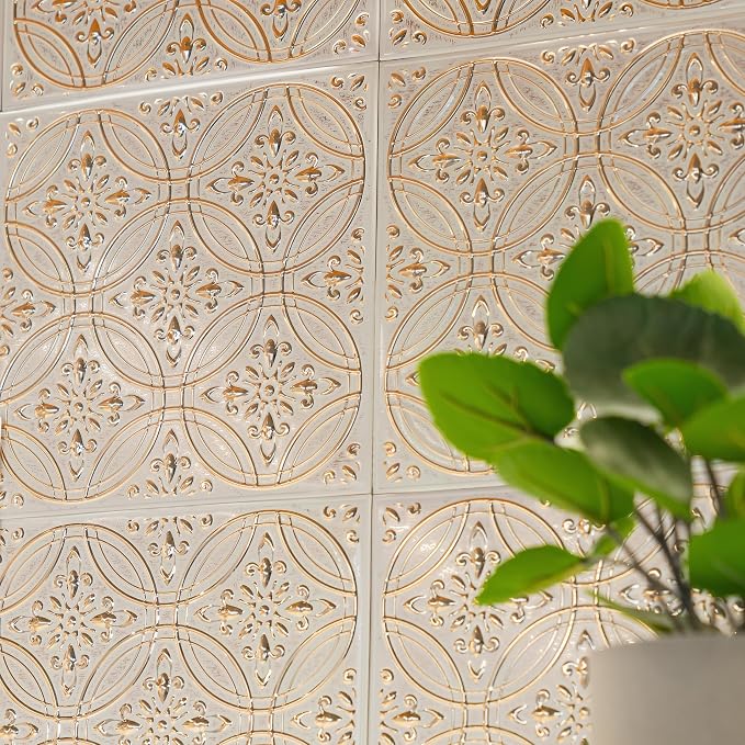 Peel and Stick Metal Tiles, Pastel Painted Gold, 10-Pack | 8 x 8 in tile size; Covers up to 4.44 sq ft; Aluminum; Water-resistant surface; For kitchens, ceilings, DIY projects - Image 8