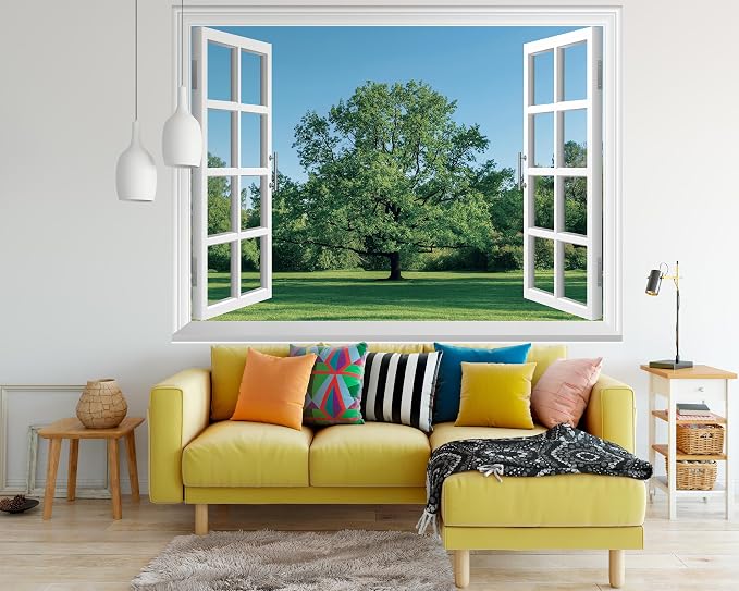 FLFK Fake Window Wall Mural - Grass and Trees Faux Window Wall Decal for Wall Decor, Peel and Stick Wall Sticker,80"x60",Set of 5 Sheets - Image 6