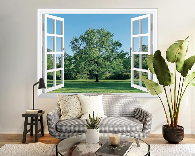 FLFK Fake Window Wall Mural - Grass and Trees Faux Window Wall Decal for Wall Decor, Peel and Stick Wall Sticker,80"x60",Set of 5 Sheets - Image 4