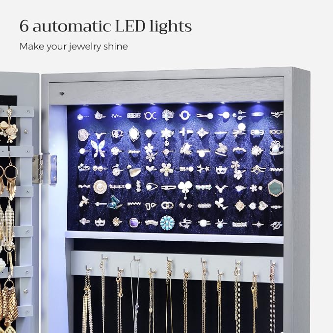 SONGMICS 6 LEDs Mirror Jewelry Cabinet, 47.2-Inch Tall, Lockable - Image 4