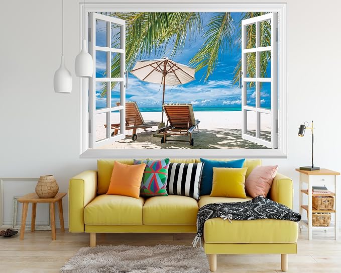 FLFK Fake Window Wall Mural - Ocean Beach Faux Window Wall Decal for Wall Decor, Peel and Stick Wall Sticker,80"x60",Set of 5 Sheets - Image 6