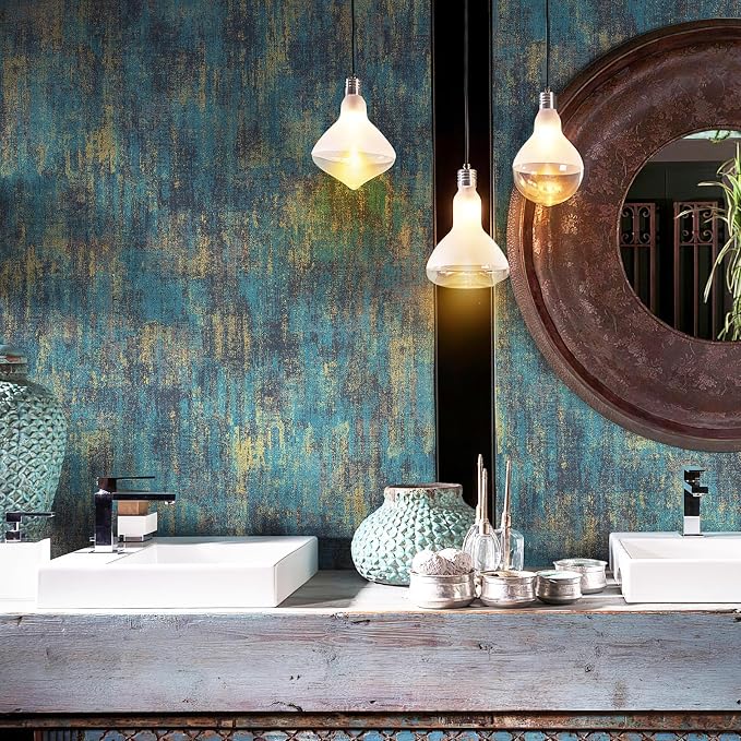 JiffDiff Vintage Metallic Peel and Stick Wallpaper Self Adhesive Industrial Metallic Concrete Wall Paper Modern Stick on Wallpaper(17.3" x 120" Blue Gold) - Image 4