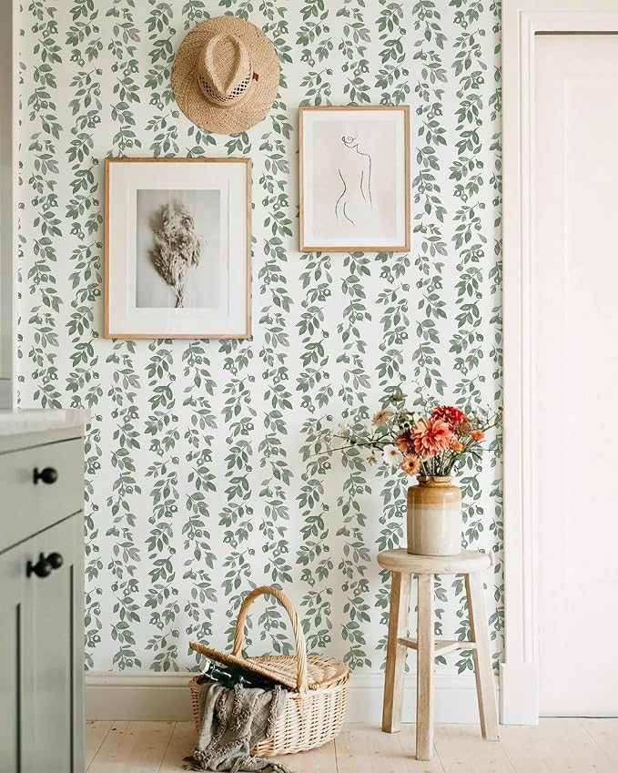 Ismoon Green Wallpaper Peel and Stick Vintage Wallpaper 17.3in x 32.8ft Green Leaf Contact Paper Vintage Cottage Wall Paper for Bedroom Bathroom Kitchen Nursery Removable Vinyl - Image 3