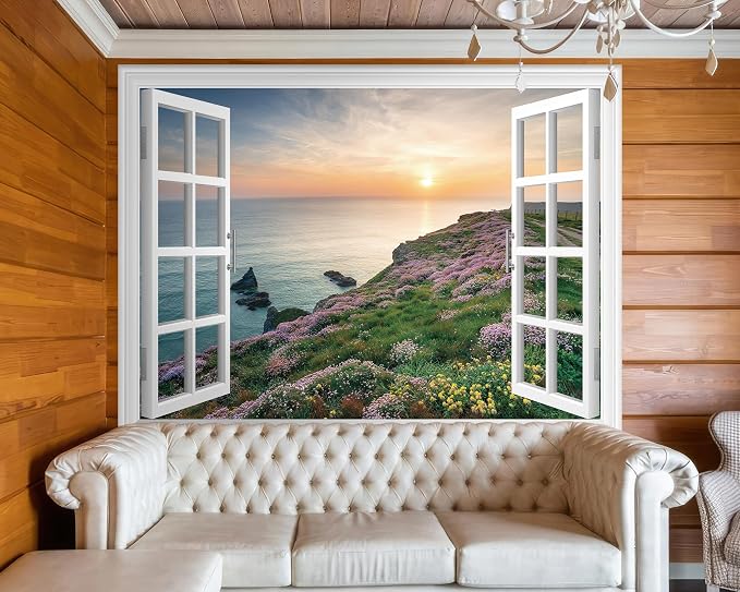 FLFK Fake Window Wall Mural - Sunset Over The Sea Faux Window Wall Sticker for Wall Decor, Stick and Peel Wall Decals,80"x60",Set of 5 Sheets - Image 3
