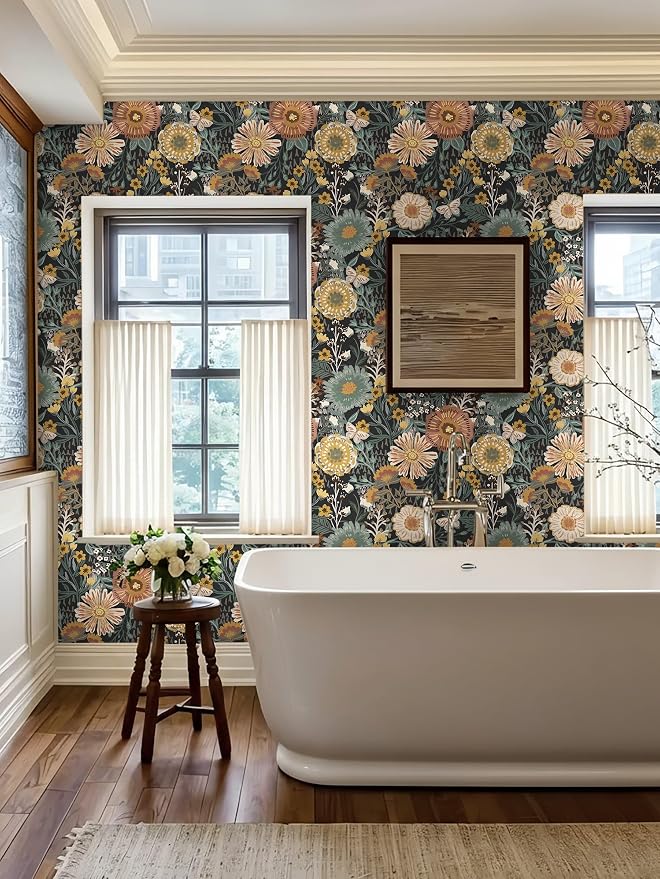 Dimoon Boho Retro Wallpaper Peel and Stick Wallpaper Vintage Floral Contact Paper 17.3''x197'' Dark Black Bohemian Removable Wall Paper Renter Friendly Waterproof Wall Mural Bedroom Bathroom Vinyl - Image 8