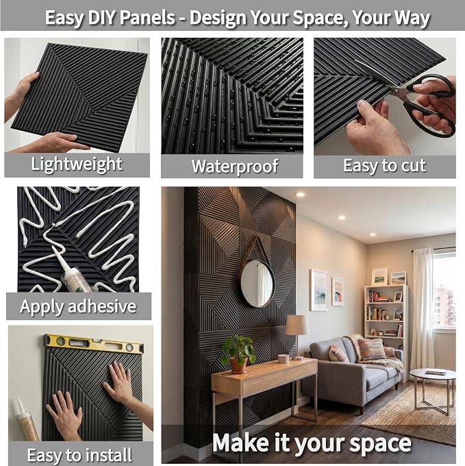 3D Wall Panels for Interior Wall Decor, PVC, Matte Black | 19.7x19.7 Inch, 12 Pack 32 Sq Ft, Waterproof, Decorative Textured Tile, Paintable, Fire Resistant, Lightweight Modern Accent - Image 12
