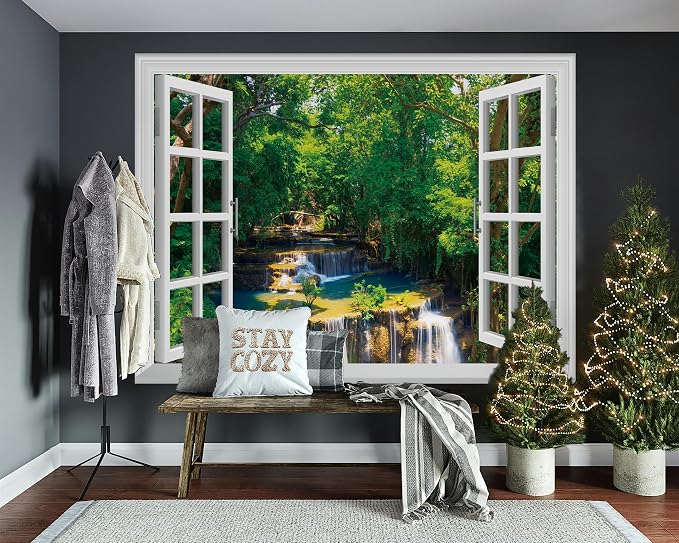 FLFK Fake Window Wall Mural - Jungle Waterfall Faux Window Wall Decal for Wall Decor, Peel and Stick Wall Sticker,80"x60",Set of 5 Sheets - Image 6