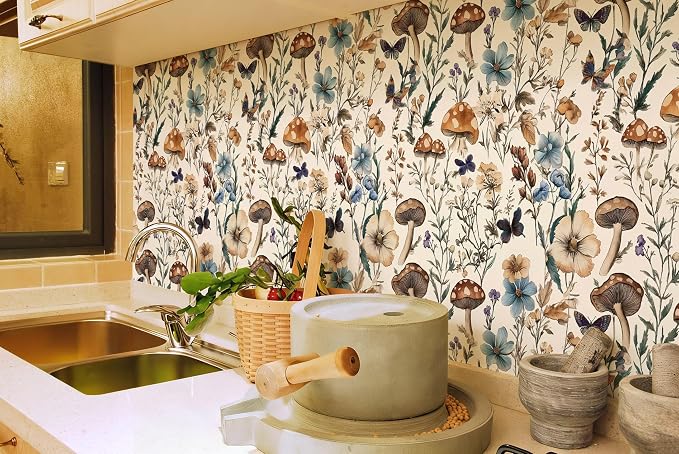 Froluya Mushroom Wallpaper Peel and Stick Vintage Floral 16.9" x 590.5" | Boho Floral Contact Paper Peel and Stick Mushroom Forest Self Adhesive Removable Wall Paper for Bathroom Cabinets Liner Vinyl - Image 3