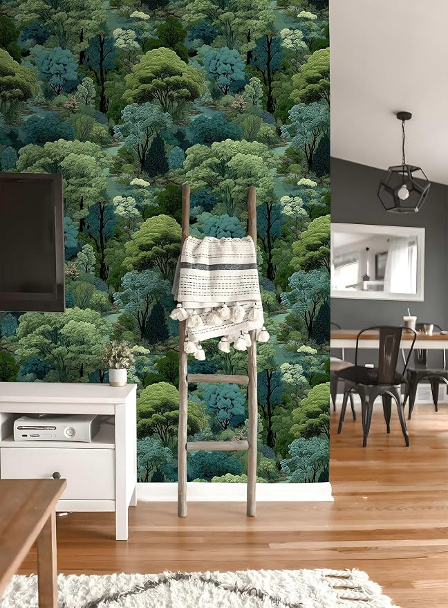 Serene Forest Stream Peel and Stick Wallpaper Forest | Green and Teal Art Deco Woodland Pattern Wallpaper for Home Decor | 17.7" x 118", Self-Adhesive, Waterproof Vinyl - Image 8