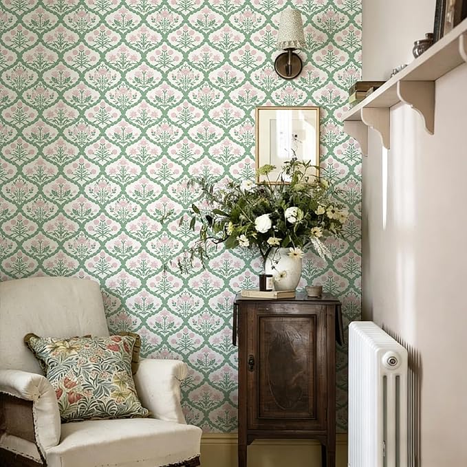 17.3" x 196.8" Pink Floral Wallpaper, Rattan Weaving Floral Peel and Stick Wallpaper Farmhouse Wall Paper Morris Style Removable Self Adhesive Bathroom Bedroom Thicken - Image 7