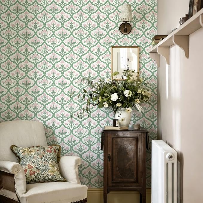 Pink Floral Peel and Stick Wallpaper Vintage Wall Paper Boho Pink Floral Damask Wallpaper for Bedroom Decorative Self Adhesive Shelf Drawer Liner 17.3" x 78.7" - Image 8