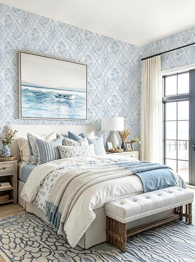 Toduso Peel and Stick Wallpaper Vintage Wall Paper Blue and White Contact Paper Floral Removable Wallpaper for Bathroom Bedroom Flower Waterproof Self Adhesive Vinyl Drawer Decor 17.3"x196.8" - Image 4