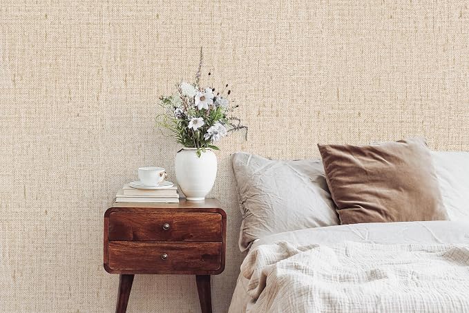Beige Grasscloth Peel and Stick Wallpaper Textured 15.7in x 196.8in | Faux Linen Wallpaper Peel and Stick Vintage Grasscloth Contact Paper Self Adhesive Removable Contact Paper for Bedroom Vinyl - Image 6
