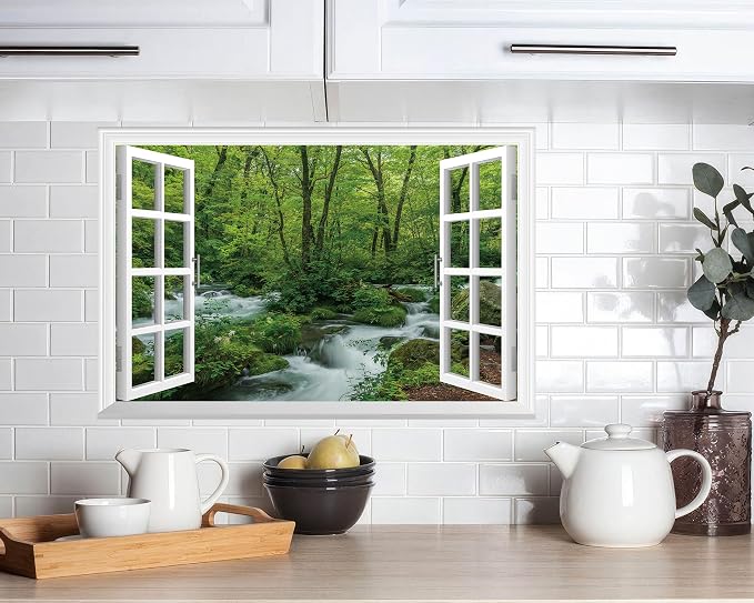 FLFK Fake Window Wall Sticker - Streams in The Jungle Faux Window Wall Mural for Wall Decor, Stick and Peel Wall Decals,24"x16" - Image 3