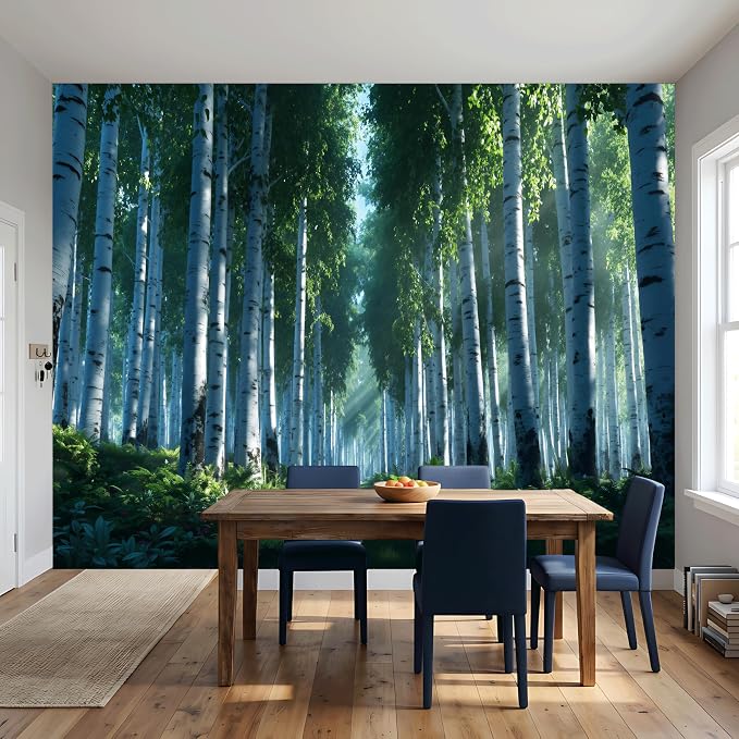 ASJ Forest Peel and Stick Wallpaper Mural, Birch Tree Fern Green | Seamless edge-to-edge match. Sunlight rays nature artwork, 177x102 in, premium fabric, living room bedroom decor. - Image 4