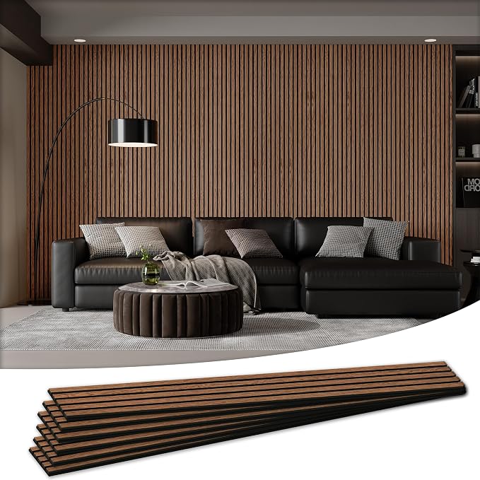6 Pack Wood Salt Acoustic Wall Panels 94" x 7.9" x 0.8", Brown | 3D Fluted Soundproof Wooden Wall Panel, Sound-absorbing Wall Decor for Home Theater Studio Office Bedroom by LDB_BUILDING