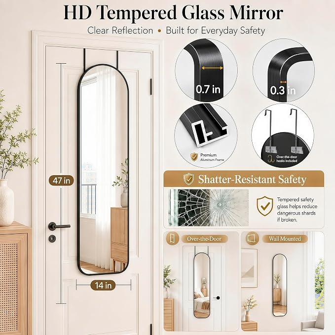 SCWF-GZ 47x14 Full Length Mirror Over the Door Hang or Wall Mounted Black - Image 2