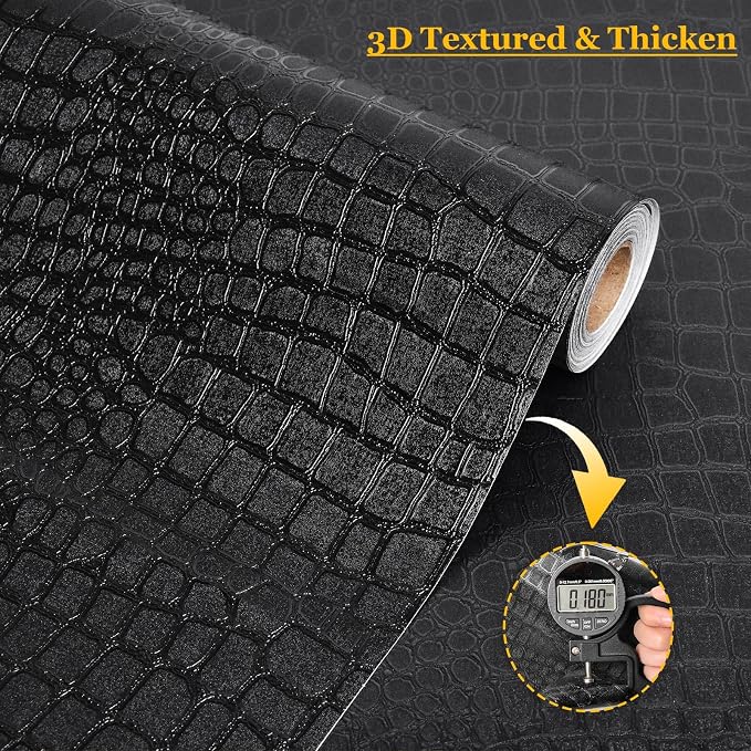 Fititem Black Peel and Stick Wallpaper Crocodile Texture Modern 236”×17.3” | Black Wallpaper for Bedroom Bathroom Waterproof Removable Self Adhesive Wallpaper 3D Embossed Faux Leather Contact Paper Dark - Image 2
