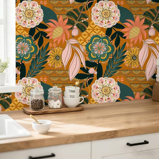 HAOKHOME Orange Wallpaper Peel and Stick Tropical Boho Floral for Bathroom | Textured Removable Waterproof Renter Friendly Wall Paper Vintage Terracotta Pink Green Botanical Bedroom 17.3in x 9.8ft - Image 4