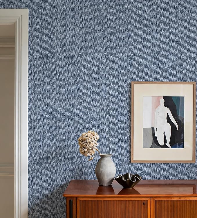Grasscloth Peel and Stick Wallpaper Blue Contact Paper 16in x 393in | Faux Linen Vintage Wallpaper Textured Removable Wall Paper Grass Cloth Cabinets Bedroom for Cabinet Self Adhesive Vinyl - Image 2