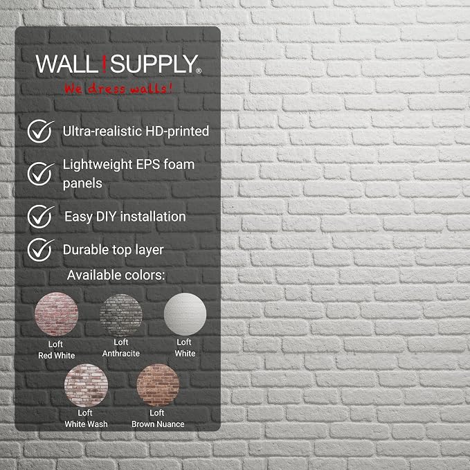 Wall!Supply 3D Wall Panels – Faux Brick, White – Lightweight Foam (EPS) – Wallpaper Alternative – Easy DIY Installation – 4 Pack, Covers 25.84 Sq Ft | Lightweight EPS Foam, Wallpaper Alternative, Easy DIY Installation, Covers 25.84 Sq Ft, for Living Ro... - Image 3