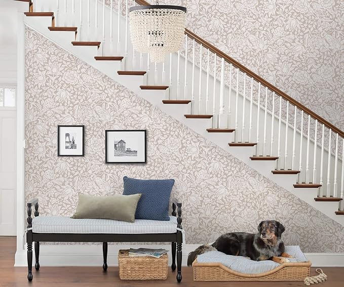 Heroad Floral Peel and Stick Wallpaper Beige William Morris Contact Paper | Vintage Botanical Wall Paper for Bedroom,17.3''x393'',Cottage,Neutral,Removable Self Adhesive Vinyl Roll for Laundry,Nursery - Image 6