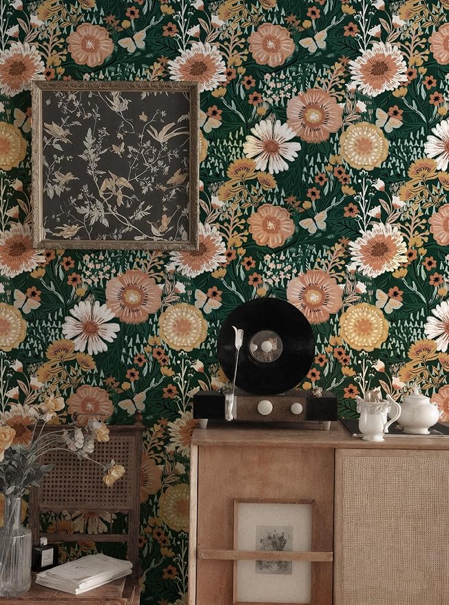 Dimoon Boho Retro Dark Green Wallpaper Peel and Stick Wallpaper Vintage Floral Contact Paper 17.3''x78.7'' Bohemian Removable Wall Paper Renter Friendly Waterproof Wall Mural Bedroom Bathroom Vinyl - Image 7