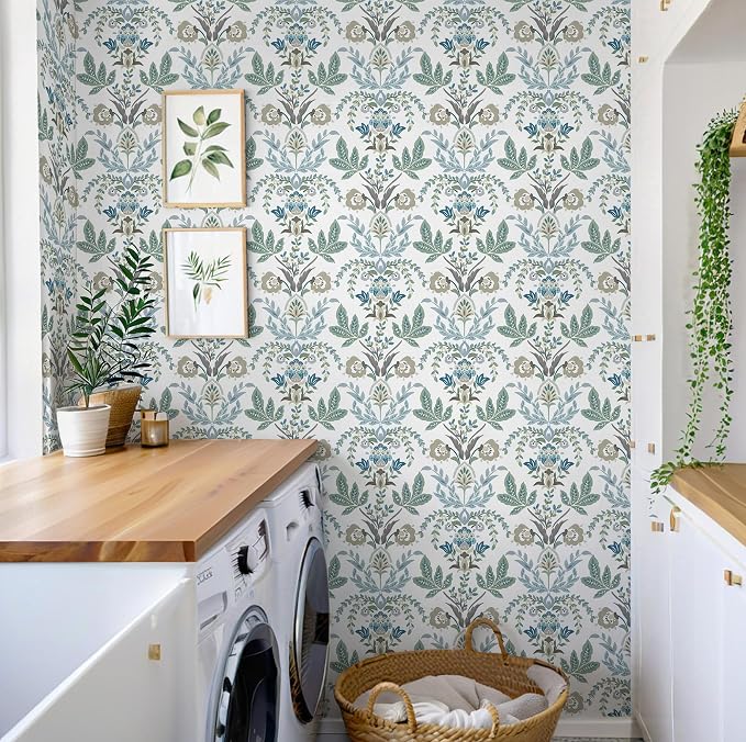 Dimoon Boho Peel and Stick Wallpaper Vintage Damask Floral Contact Paper 394''x17.3'' Sage Green Leaf Botanical Wallpaper Renter Friendly Cottage Core Wall Paper for Bedroom Bathroom Decor Vinyl - Image 3