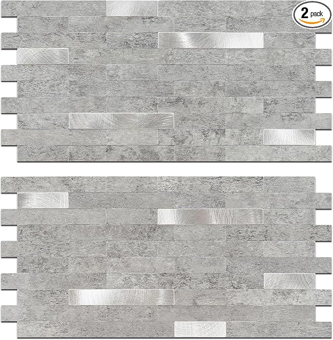 StyloVue 2 Sheets Peel and Stick Backsplash for Kitchen, Slate Gray with Metal Silver Look Stick on Tile Upgrade Your Kitchen Backsplash, RV, Fireplace by StyloVue