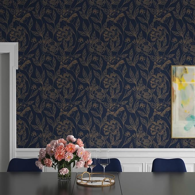 Timeet Peel and Stick Wallpaper Gold and Blue Floral Wall Paper for Bedroom Removable Self Adhesive Elegant Contact Paper Decor 17.7In × 78.7In - Image 4