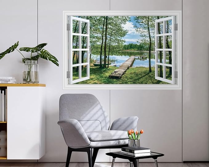 FLFK Fake Window Wall Decal Peel and Stick Wall Mural 48" x 32" | Lake & Forest Scene, Pre-cut into 2 pieces, 3D Illusion Effect, Removable Design, Home Office Decor, Easy Application - Image 5