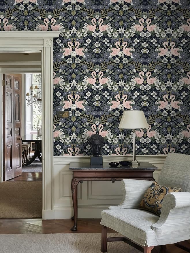 Heroad Vintage Peel and Stick Wallpaper Floral Flamingo Contact Paper Dark Blue William Morris Wall Paper Removable Renter Friendly Wallpaper for Bedroom Nursery Farmhouse Vinyl Rolls 17.3''X 196'' - Image 8