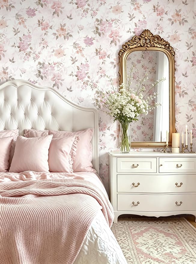 Floral Peel and Stick Wallpaper Pink Wall Paper Vintage Farmhouse Contact Paper Slef Adhesive Removable Wallpaper Watercolor Vinyl Waterproof for Living Room Bedroom Kitchen Bathroom 17.3"×197" - Image 2