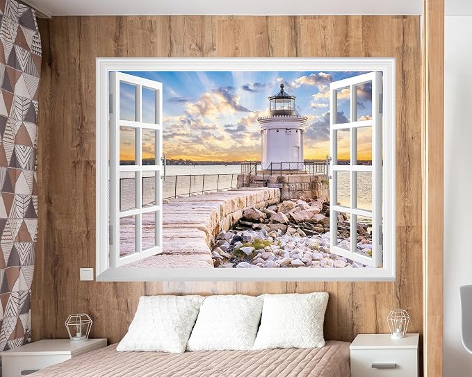 FLFK Fake Window Wall Mural - Shoreline Lighthouse Faux Window Wall Sticker for Wall Decor, Stick and Peel Wall Decals,80"x60",Set of 5 Sheets - Image 4