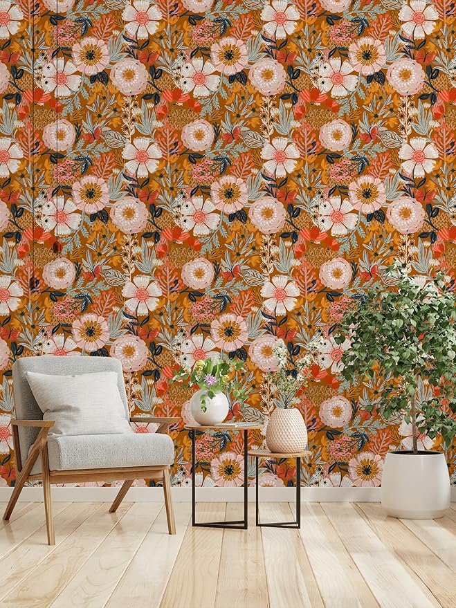 HAOKHOME Boho Wallpaper Peel and Stick Floral Retro Orange Pink Colorful | Botanical Textured Wall Paper Vintage Renter Friendly Removable Flower Bathroom Bedroom Nursery Accent Decor 17.3in x 9.8ft - Image 6