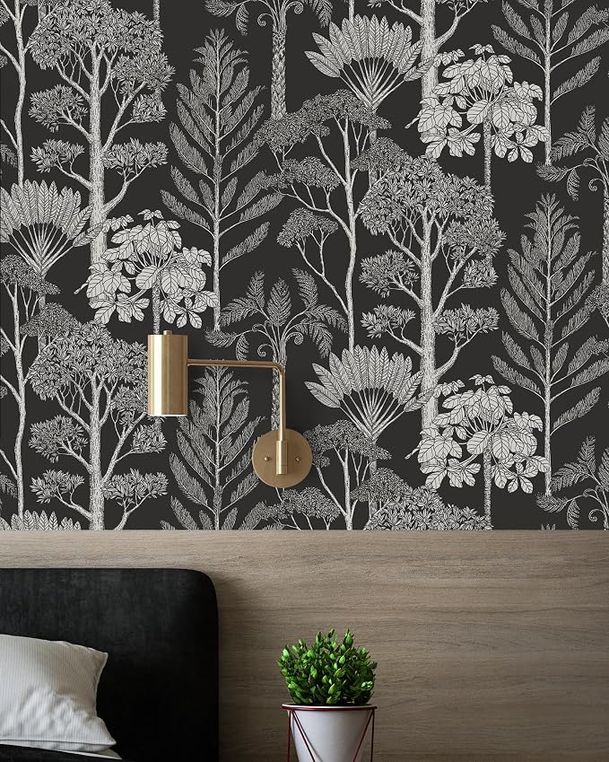 Forest Peel and Stick Wallpaper Boho Tree Black 17.3inW 787.4inL | Vintage Vinyl Self Adhesive Wallpaper, Removable,Easy Match, Moody Dark Bedroom Bathroom Living Room Wall Decor Waterproof by VisitTheLativo