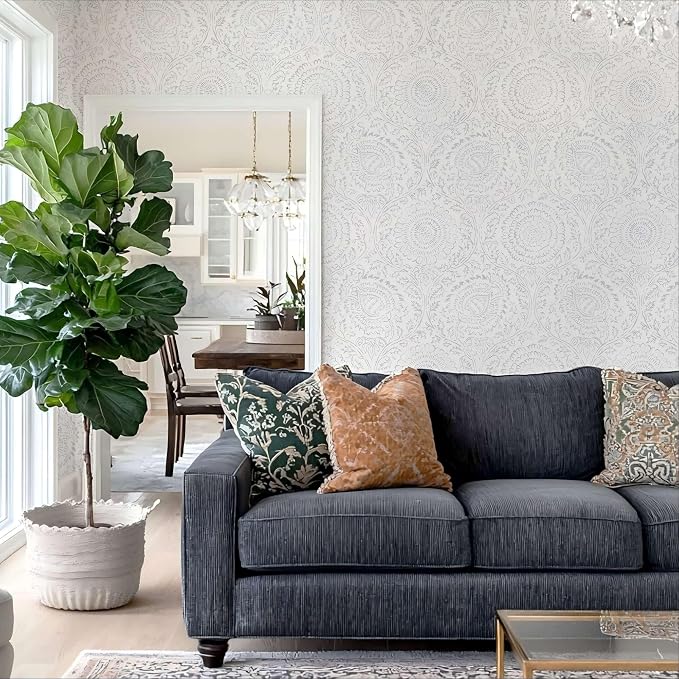 Ismoon Floral Peel and Stick Wallpaper Boho Grey and White Contact Paper | 17.3x393in Light Gray Wall Paper Textured Self Adhesive Removable Wallpaper for Bedroom Kitchen Renter Friendly Vinyl - Image 8