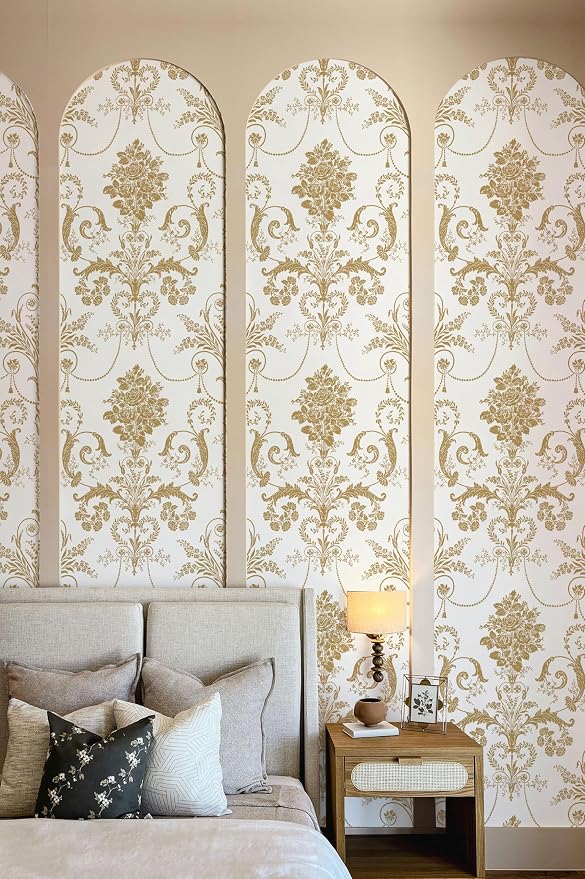 Damask Floral Peel and Stick Wallpaper Removable Gold Flowers Contact Paper | 17.3" X 118" Gold and White Damascus Wallpaper Boho Self Adhesive Decorative Wallpaper for Bedroom Accent Wall DIY Vinyl Roll - Image 3